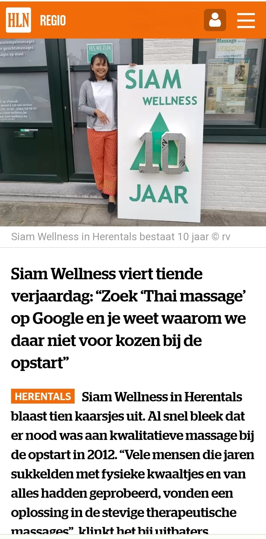 Lees in Het Laatste Nieuws over 10 jaar Siam Wellness